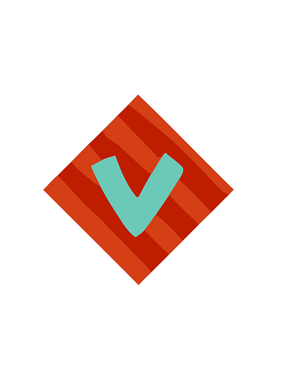 Logo with a red diamond shape and a turquoise 'V' in the center on a white background