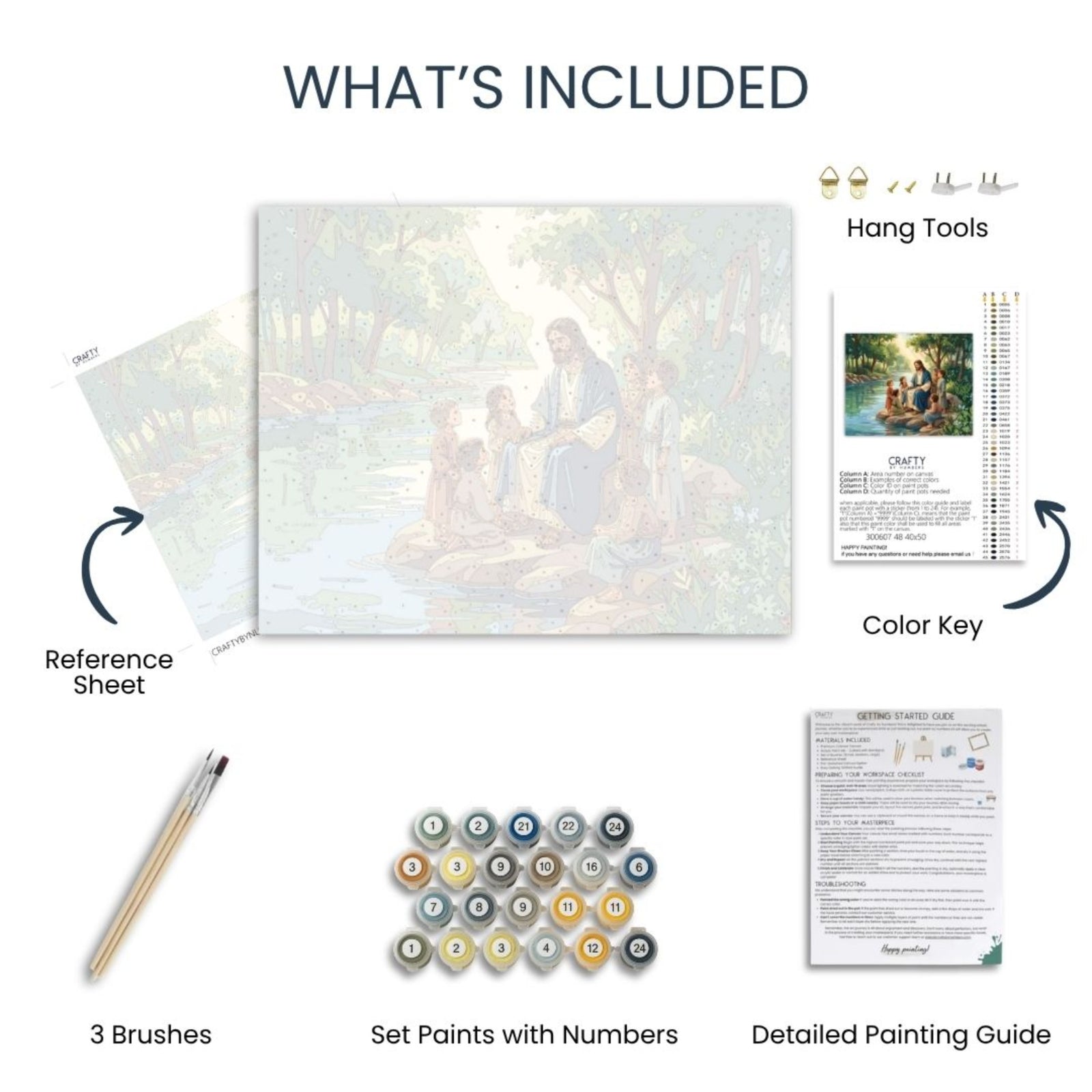 Sacred River Teaching paint by numbers kit contents with canvas, acrylic paints, brushes, color key and guide