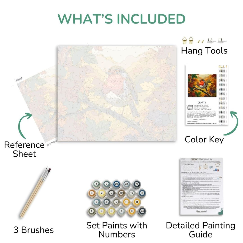 Autumn Ember Robin kit contents with numbered canvas, paints, brushes and guide