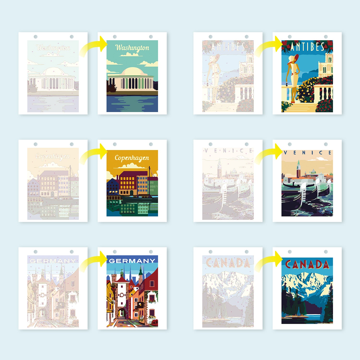 Set of travel-themed posters on a light blue background