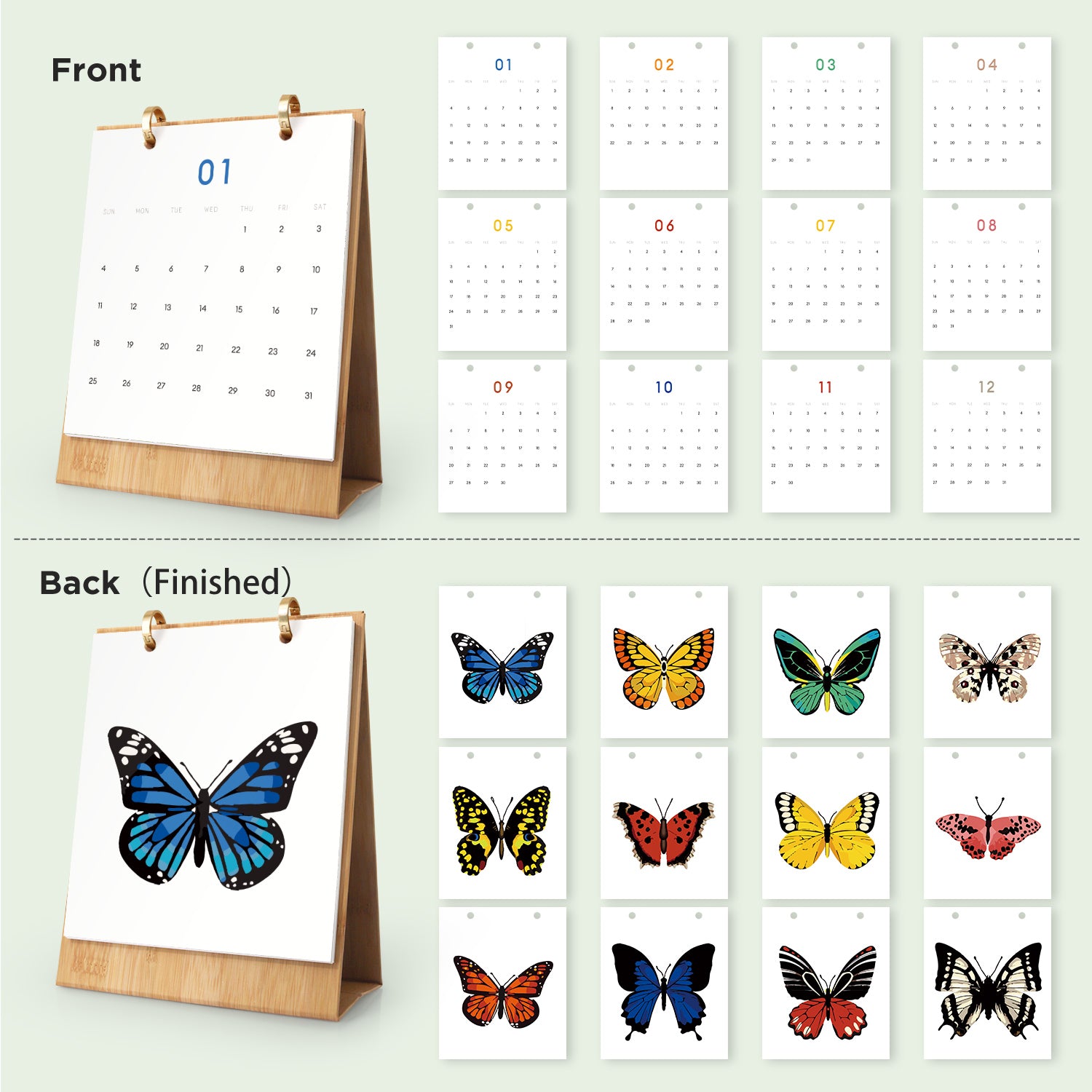 Calendar with butterfly designs on the front and back
