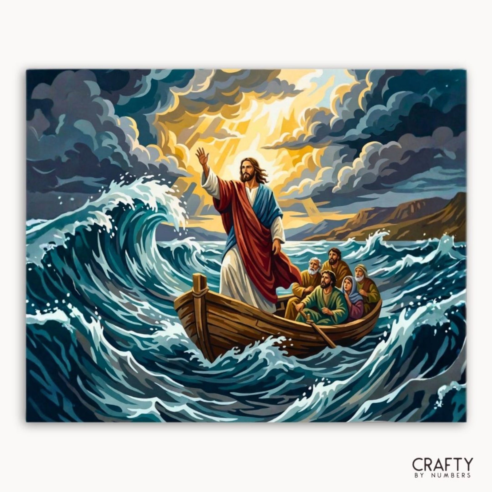 Storm Calmed finished paint by numbers canvas showing Jesus and the disciples amid towering waves