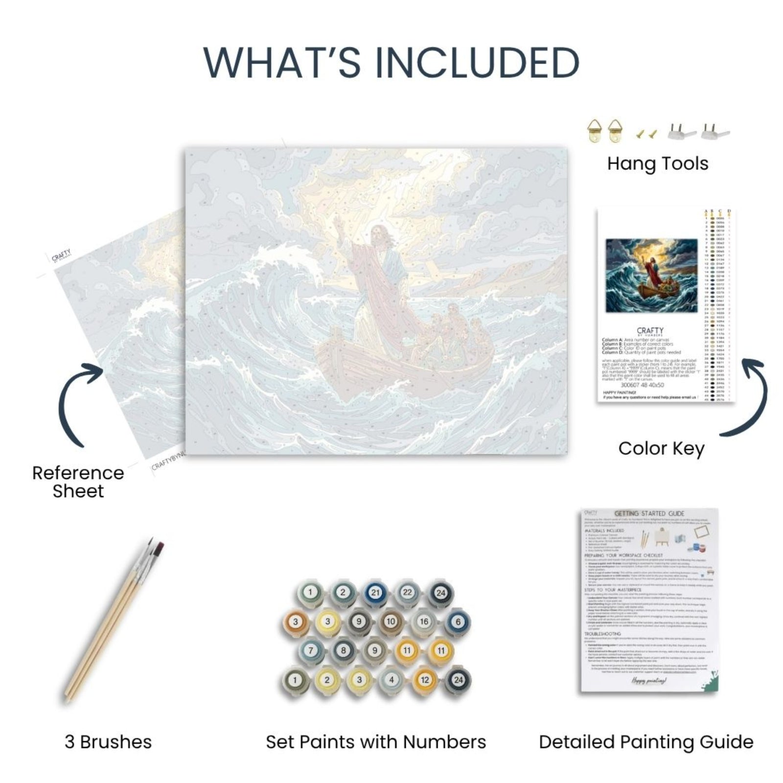 Storm Calmed paint by numbers kit contents with canvas, acrylic paints, brushes, color key and guide