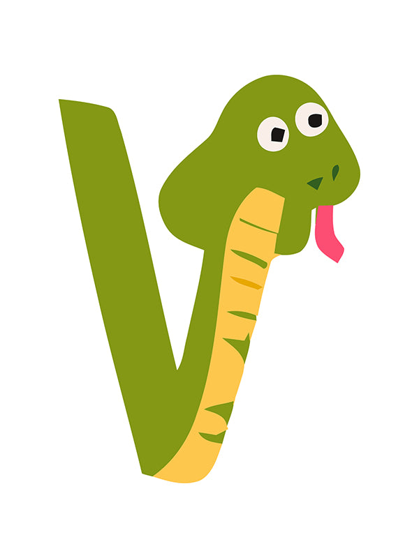 Letter 'V' shaped like a green snake with a yellow body on a white background