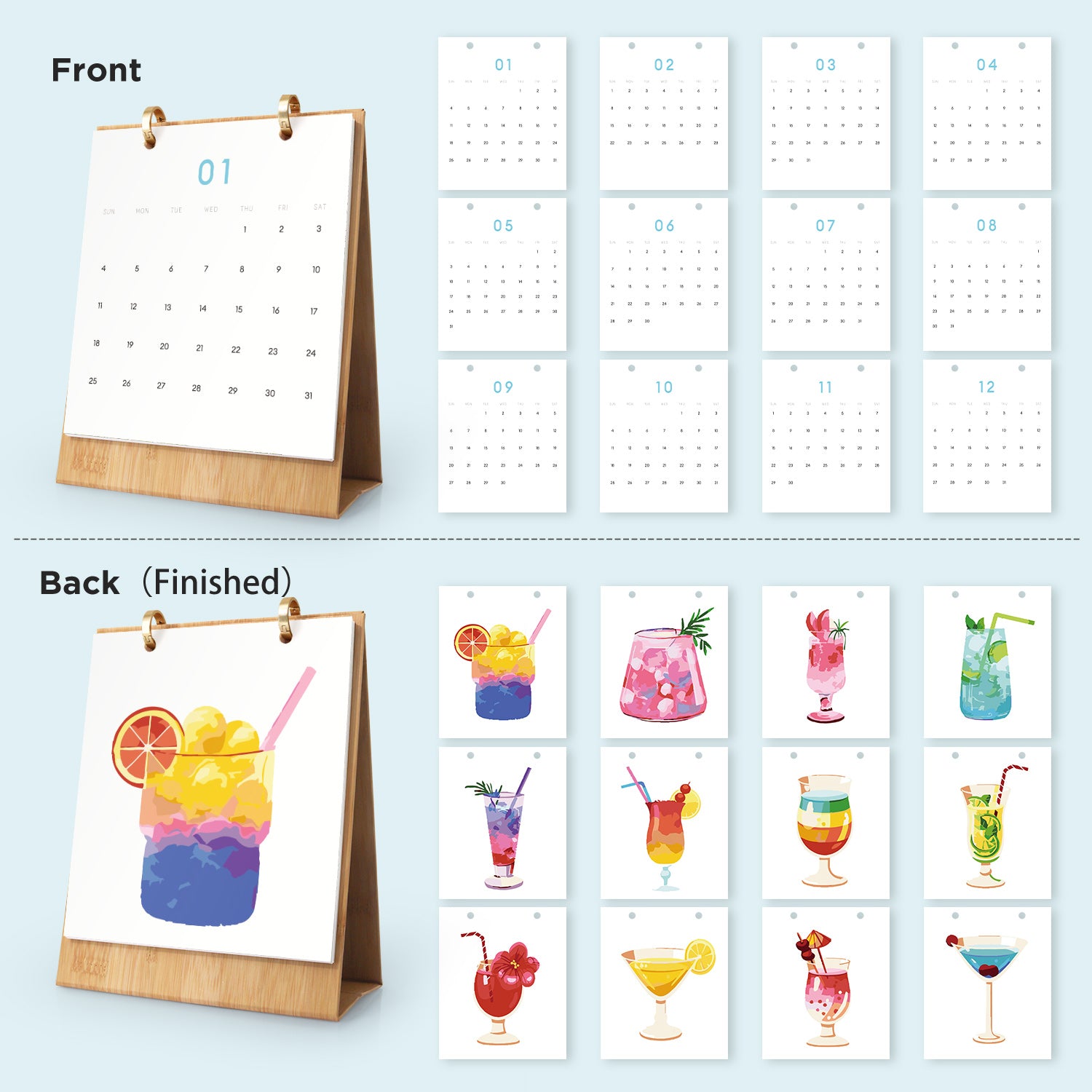 Kalender mit Vorder- und Rückseitenmotiven auf hellblauem Hintergrund