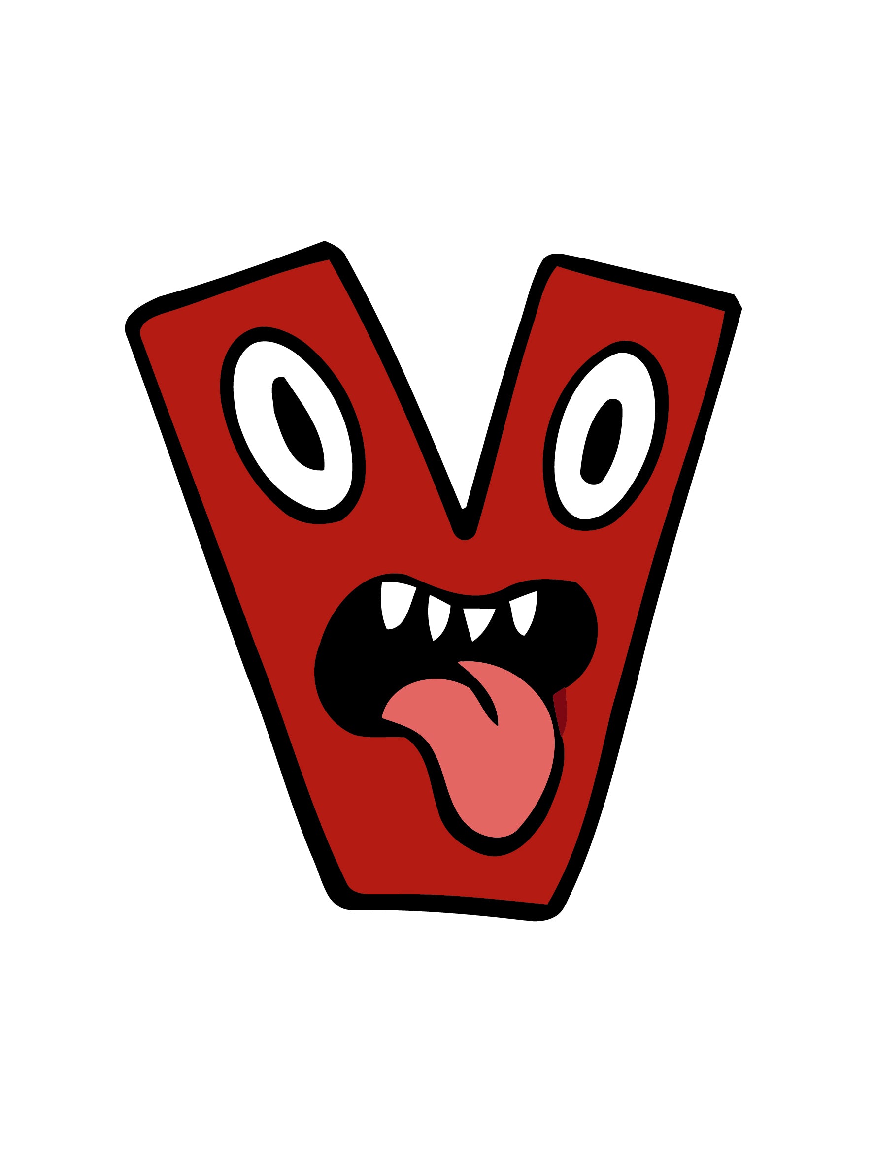 Cartoonish letter 'V' with a face on a white background