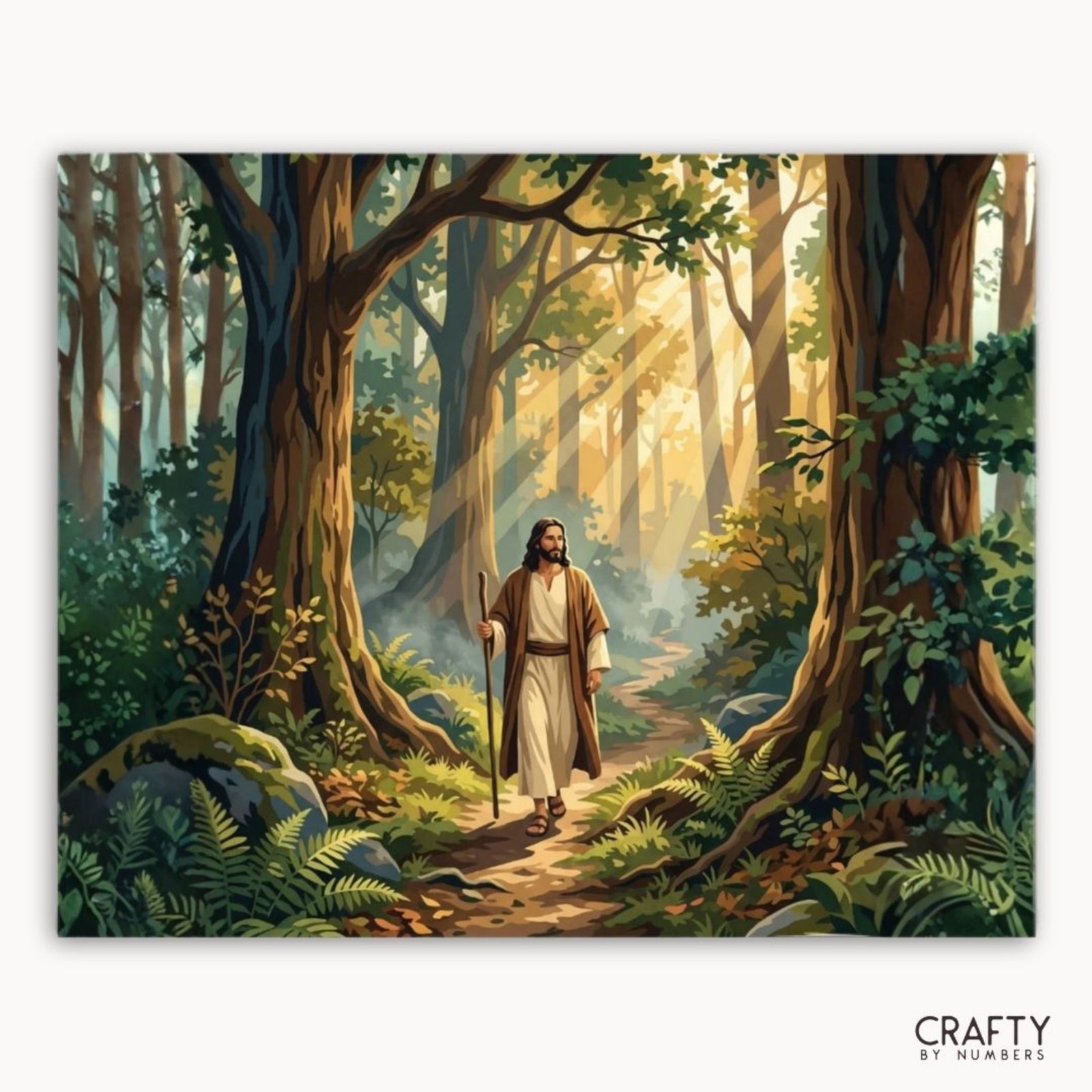 Sacred Forest Walk finished paint by numbers canvas showing Jesus walking on a sunlit forest path