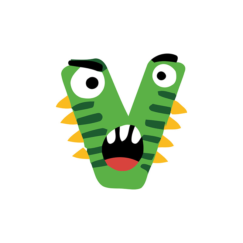 Cartoon letter 'W' with a green dinosaur design on a white background