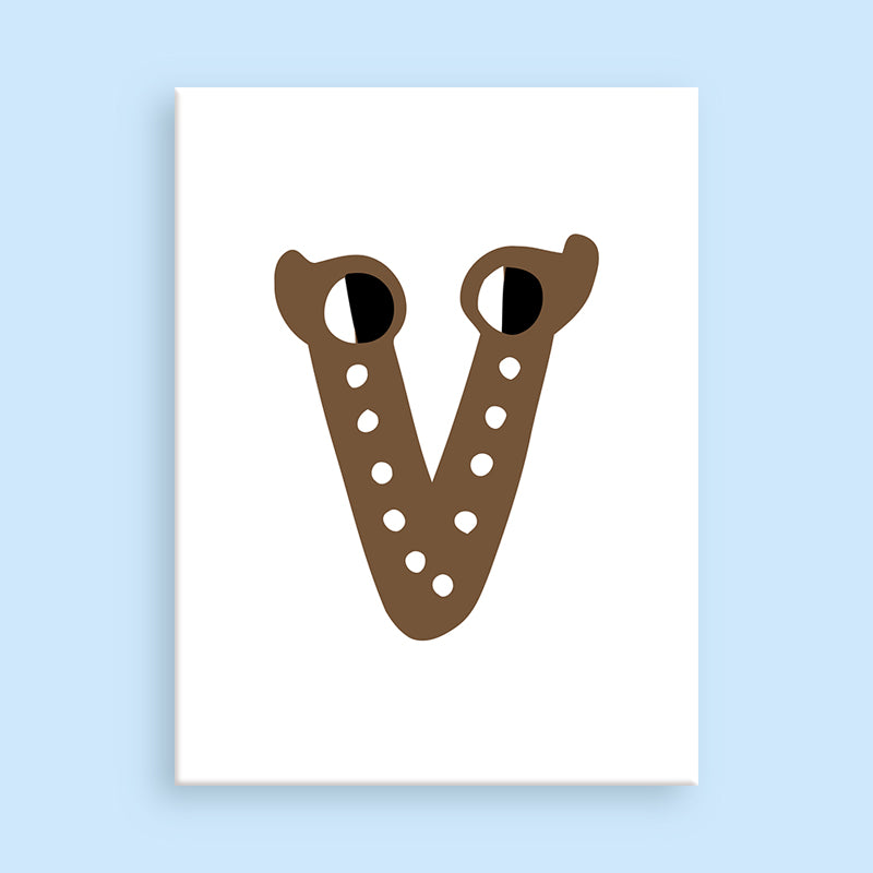 Brown letter 'V' with black eyes on a white background