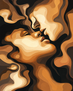 Two faces leaning into a kiss, formed from flowing black, cream and amber shapes.