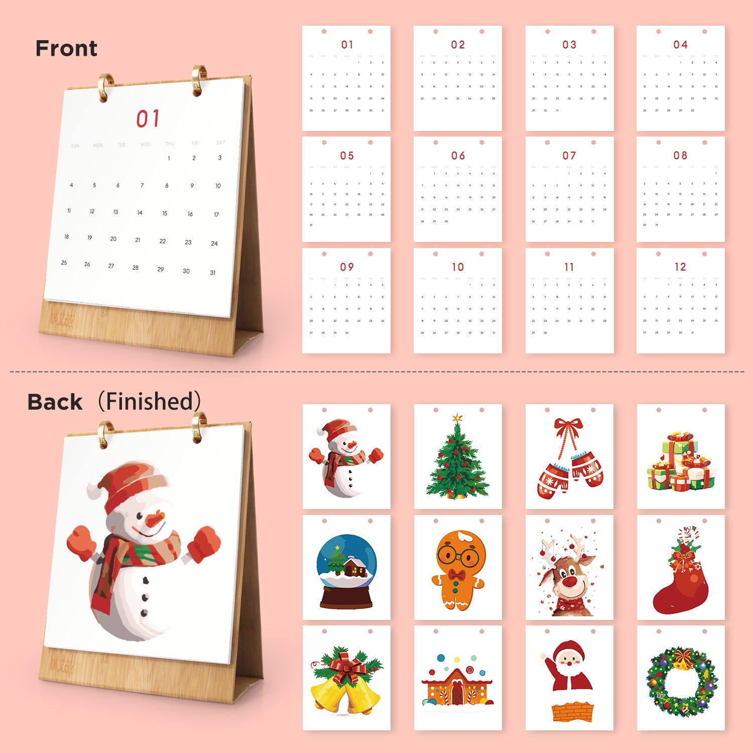 Kalender mit weihnachtlichen Motiven auf rosa Hintergrund