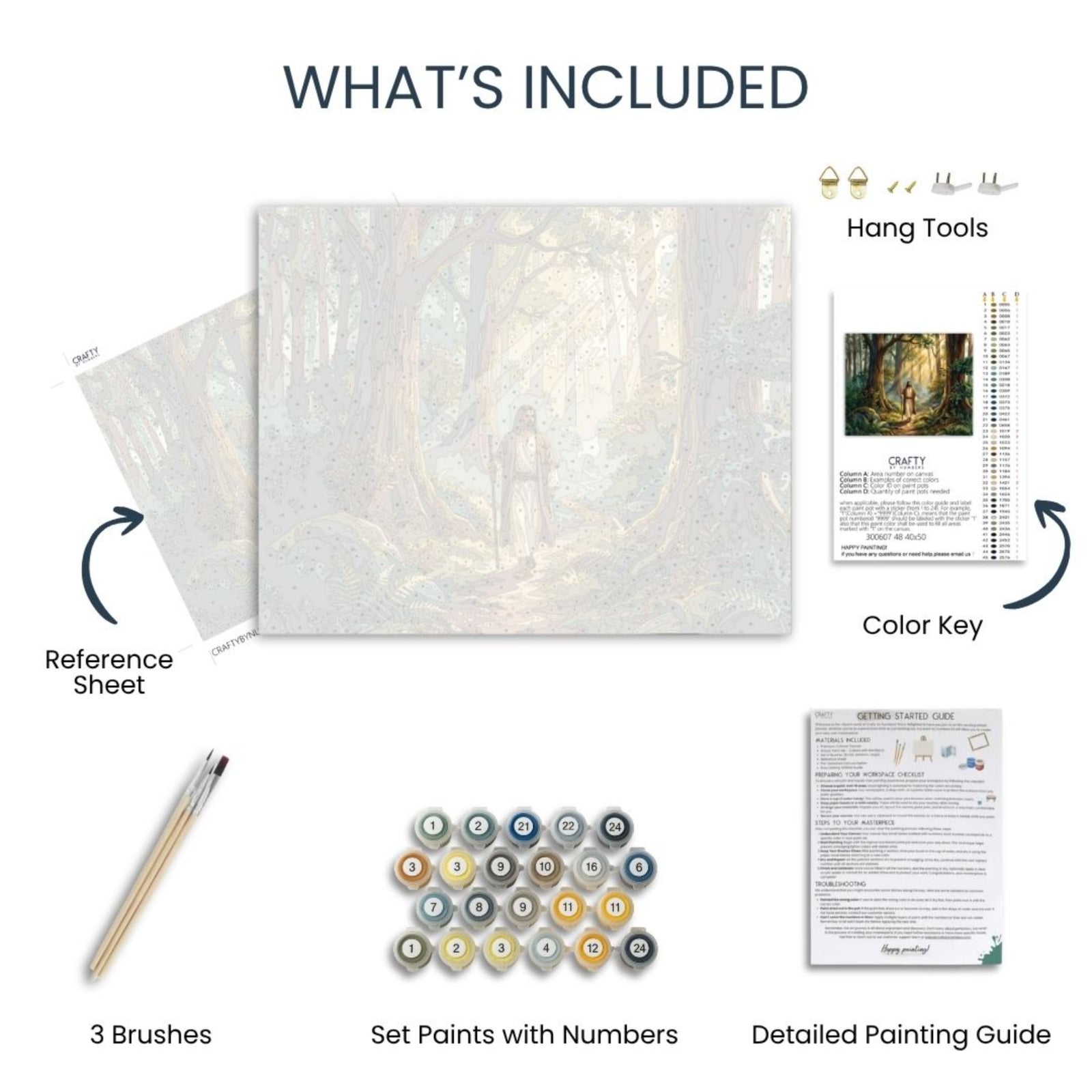 Sacred Forest Walk paint by numbers kit contents with canvas, acrylic paints, brushes, color key and guide