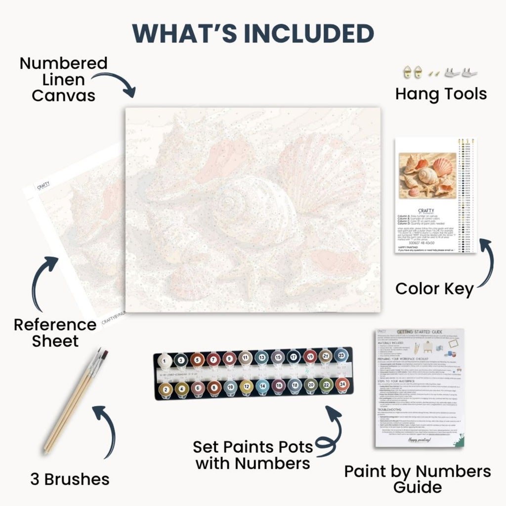 Seashells kit contents with numbered canvas, paints, brushes and guide