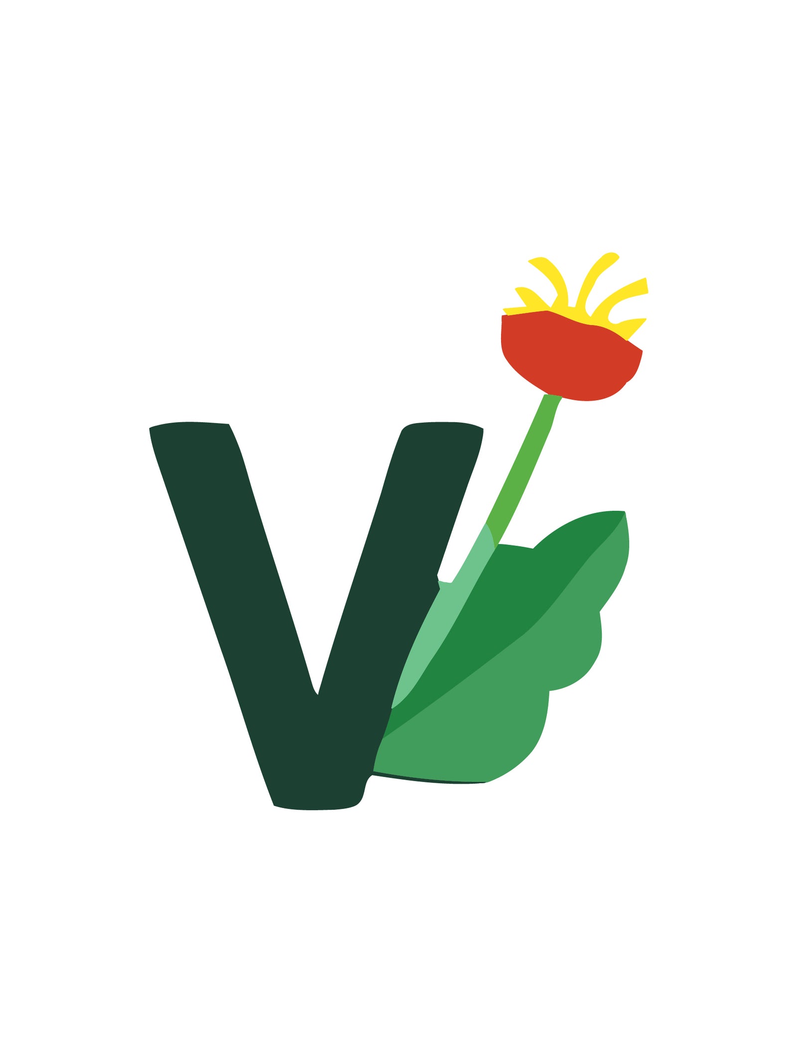 Buchstabe „V“ mit roter Blume und grünen Blättern auf weißem Hintergrund