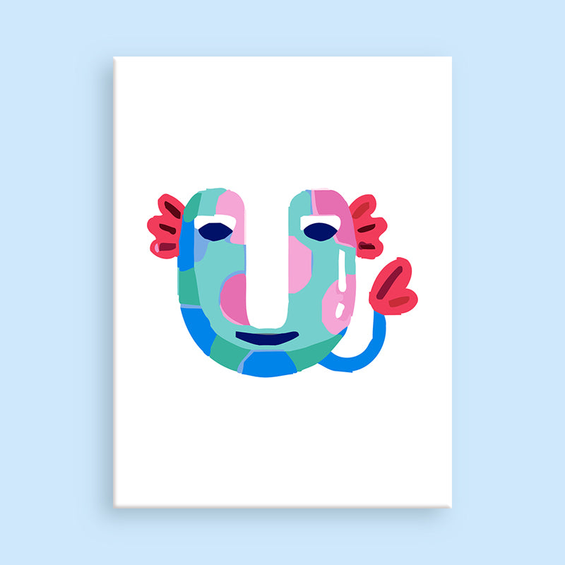 Colorful abstract letter 'U' design on a light blue background