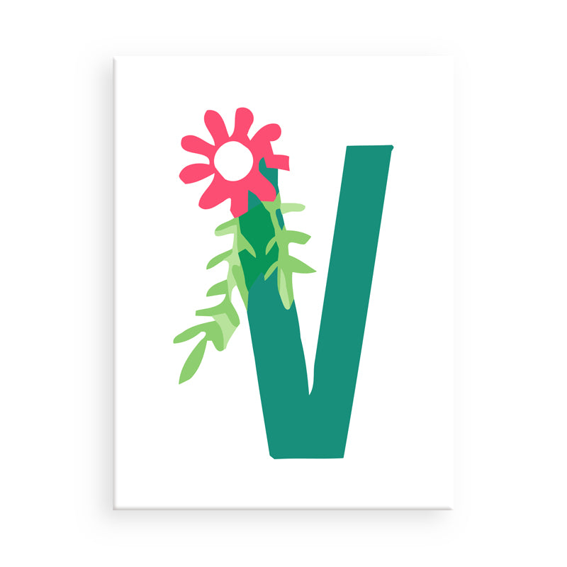 Letter 'V' with a pink flower and green leaves on a white background