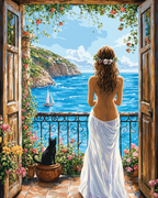 A woman with a bare back and white draped skirt overlooking the sea from a flower-filled terrace.