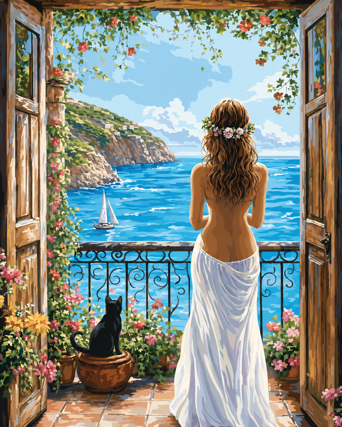 A woman with a bare back and white draped skirt overlooking the sea from a flower-filled terrace.