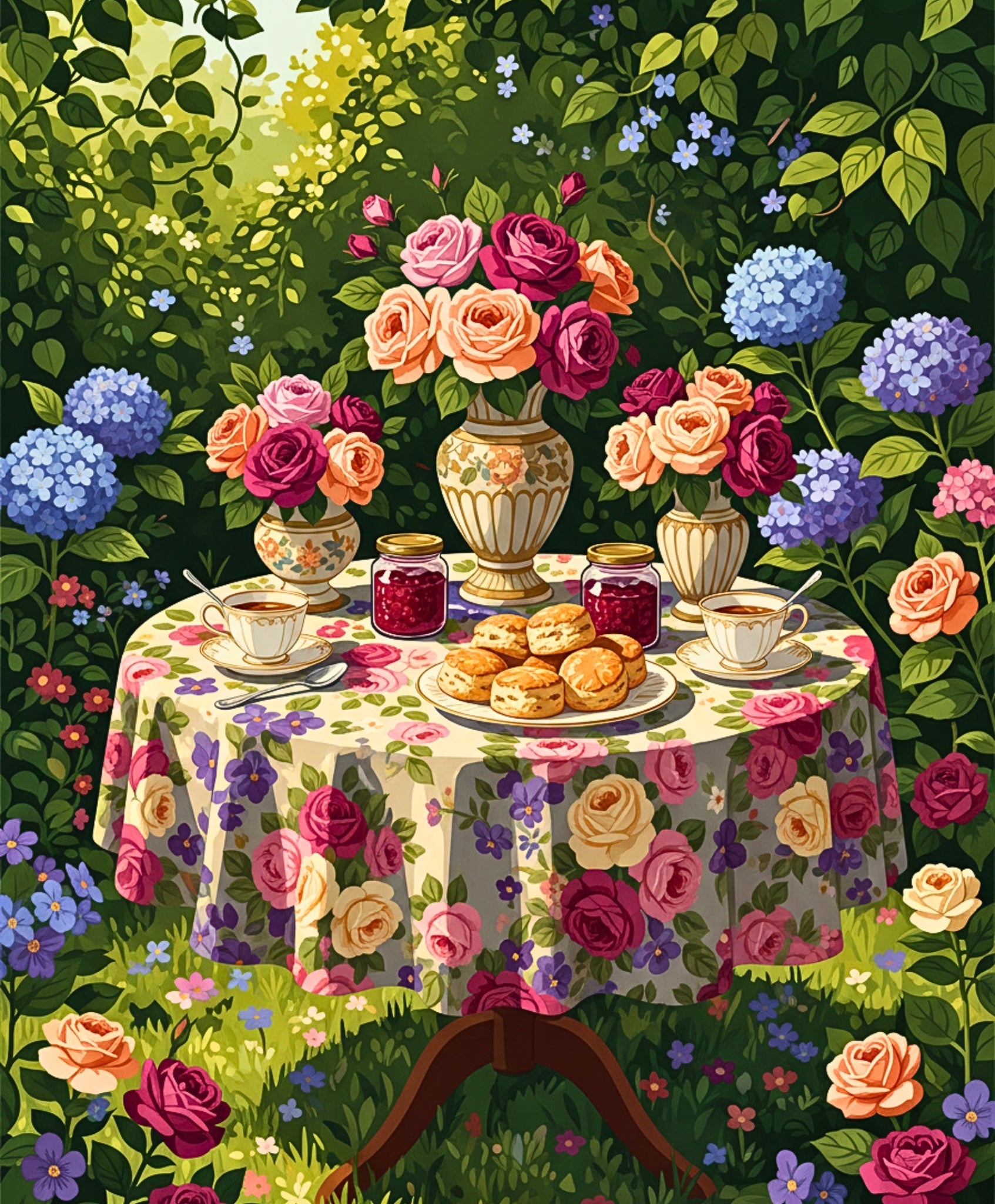 Table set with flowers and food in a garden setting