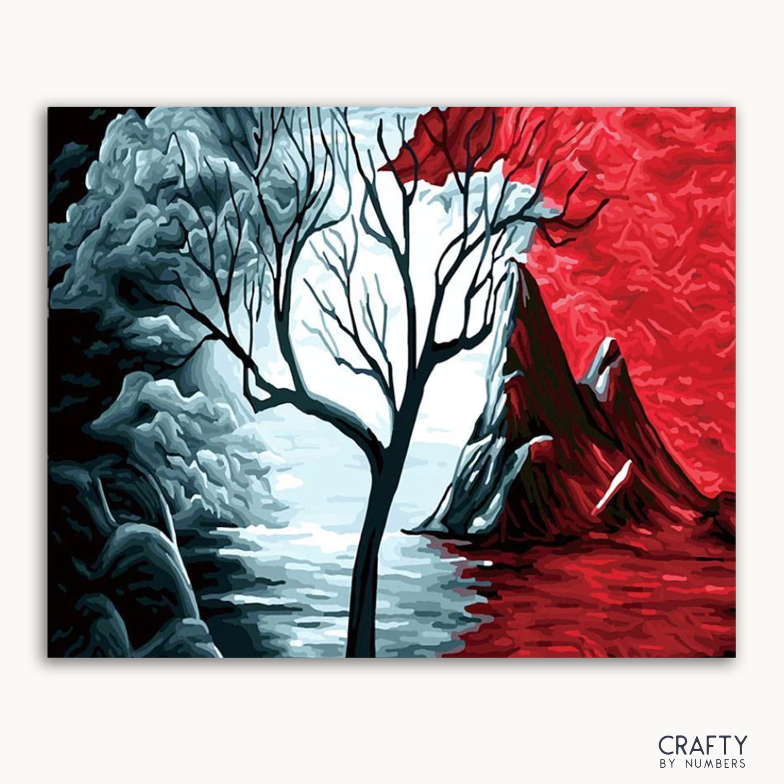 Una imagen de kit de pintura por números que presenta una representación artística de un árbol con elementos contrastantes claros y oscuros, predominantemente en colores negro, blanco y rojo, con una montaña y un cuerpo de agua de fondo.