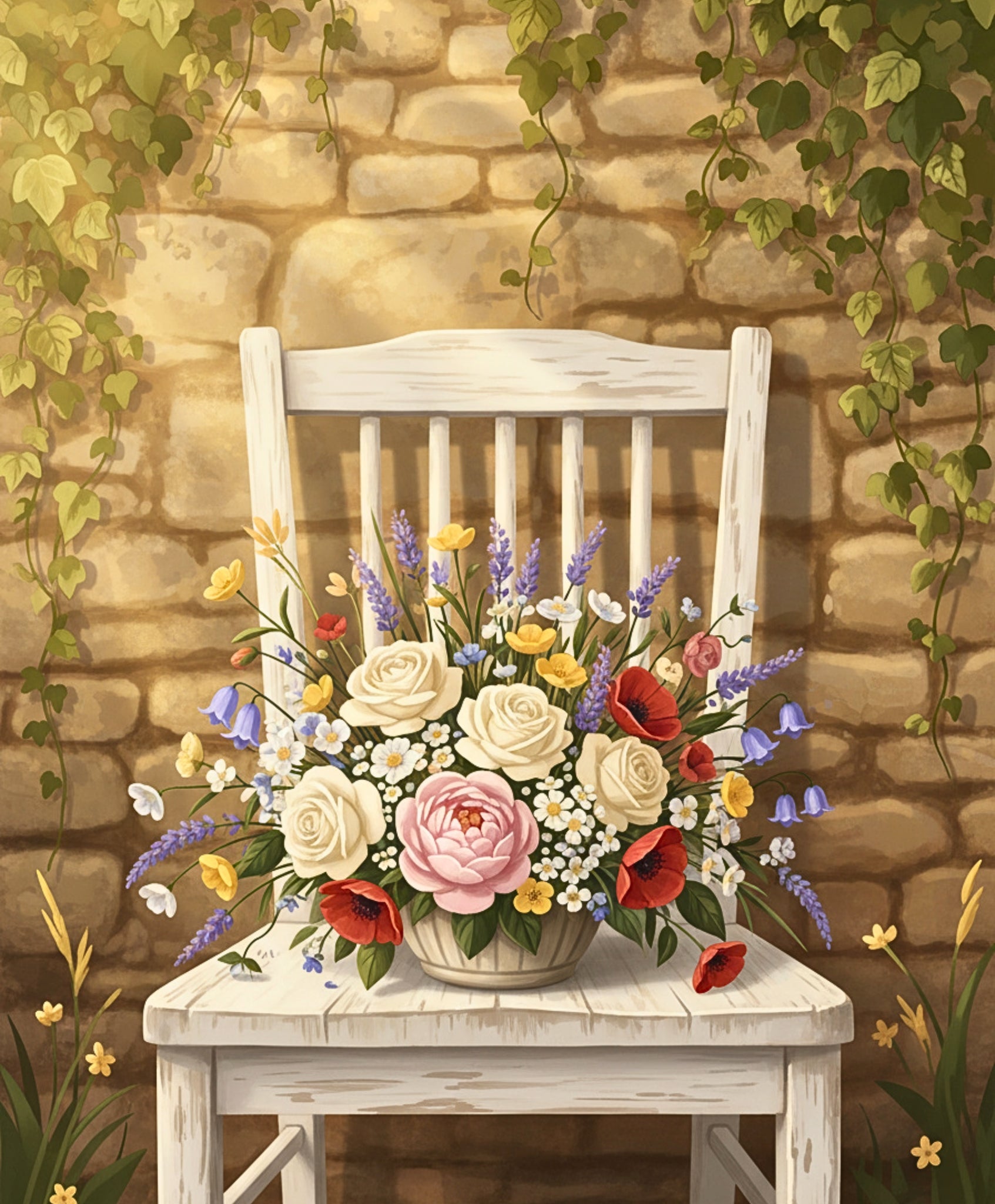 Floral arrangement on a white chair against a stone wall with greenery