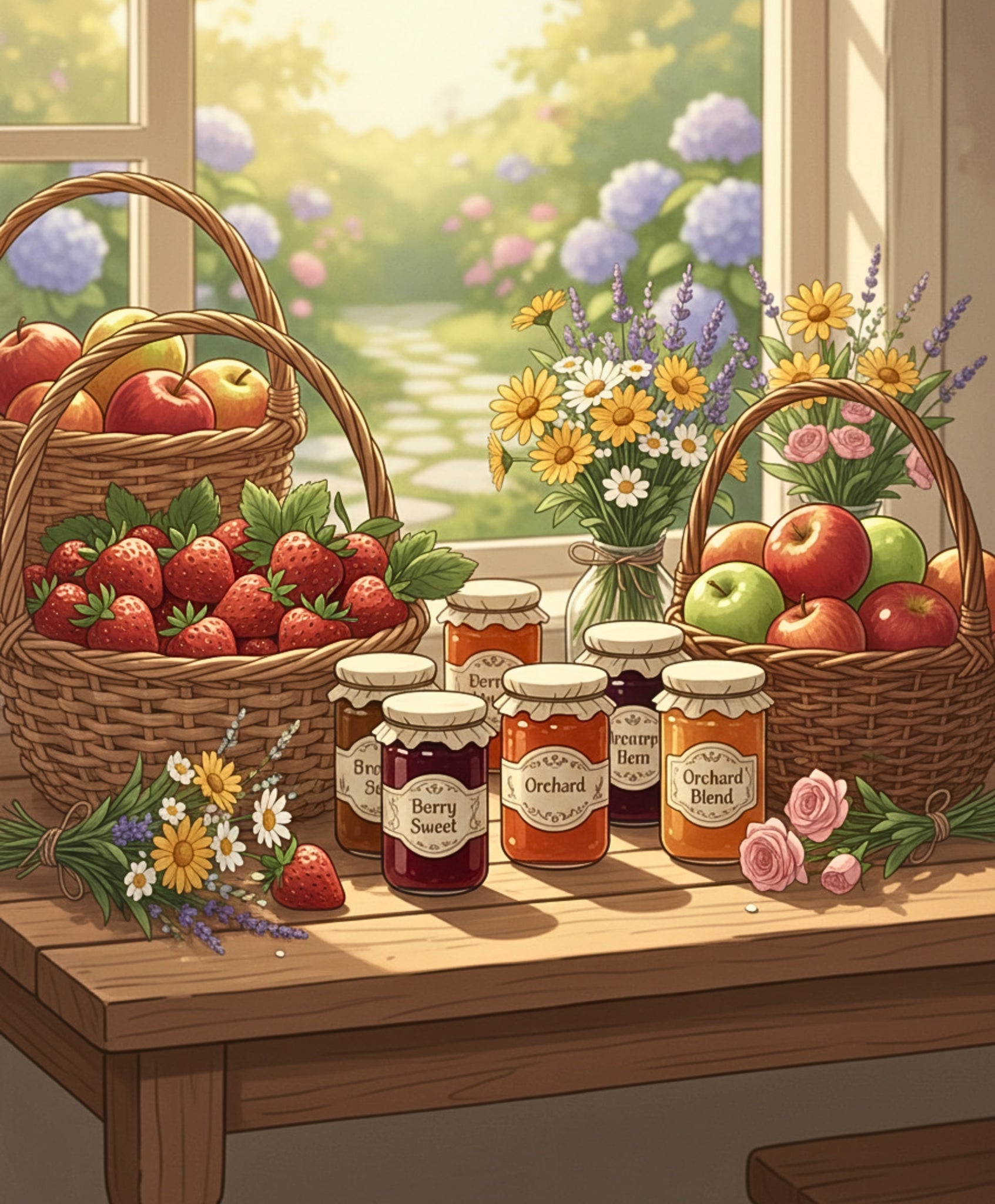 Illustration of jars of jam, a basket of fruit, and flowers on a wooden table with a garden view.