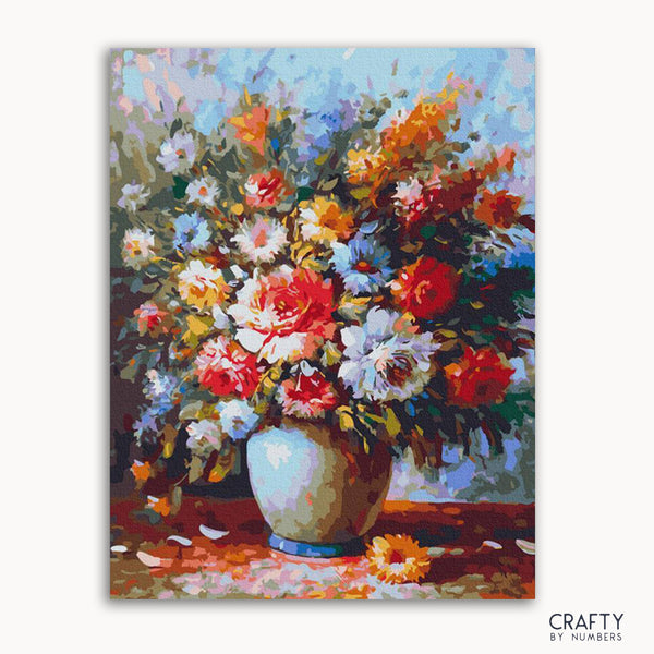 A framed canvas painting featuring a colorful floral arrangement in a vase, with a bright and vibrant background.