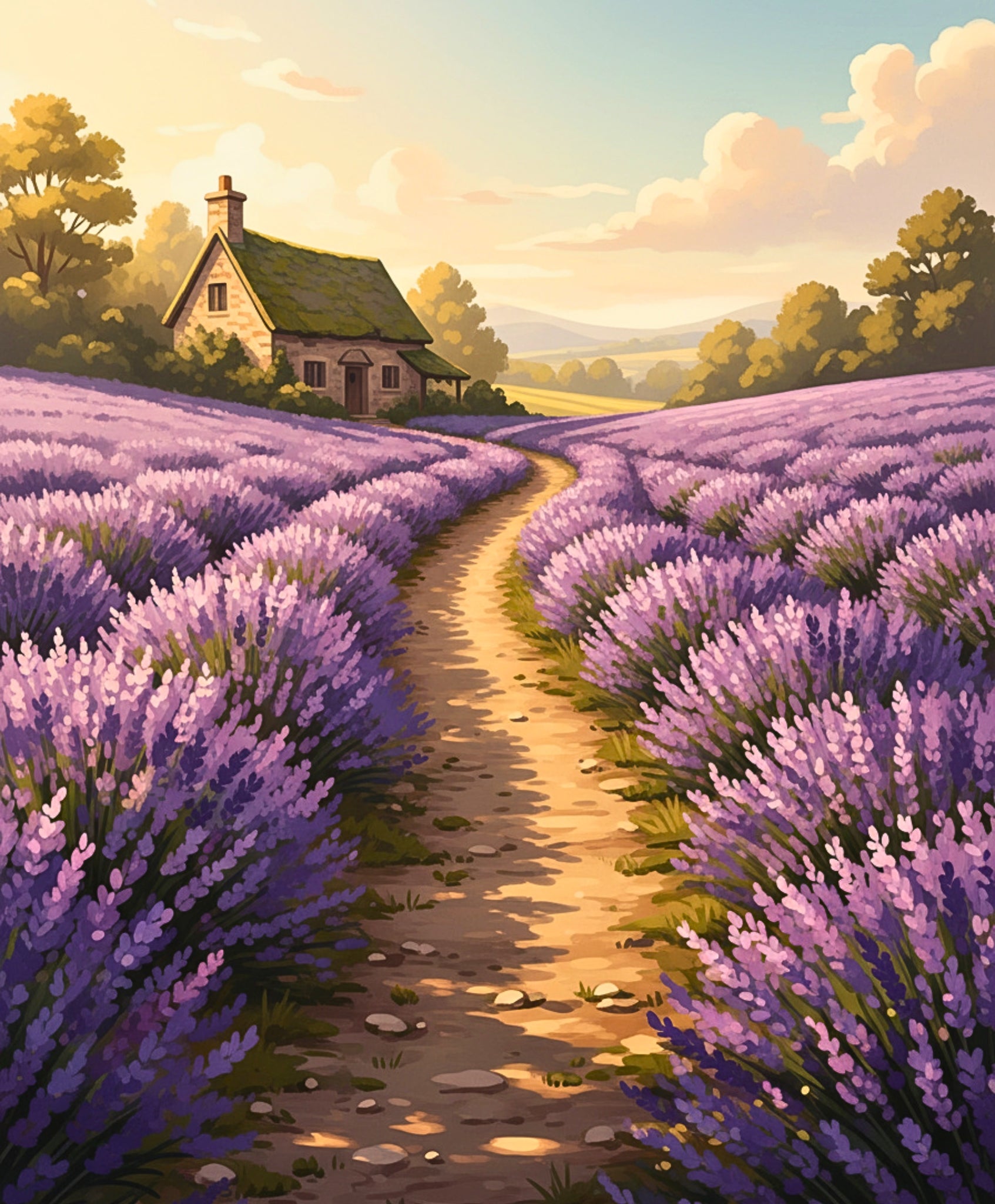 Lavender field with a path leading to a house in the countryside