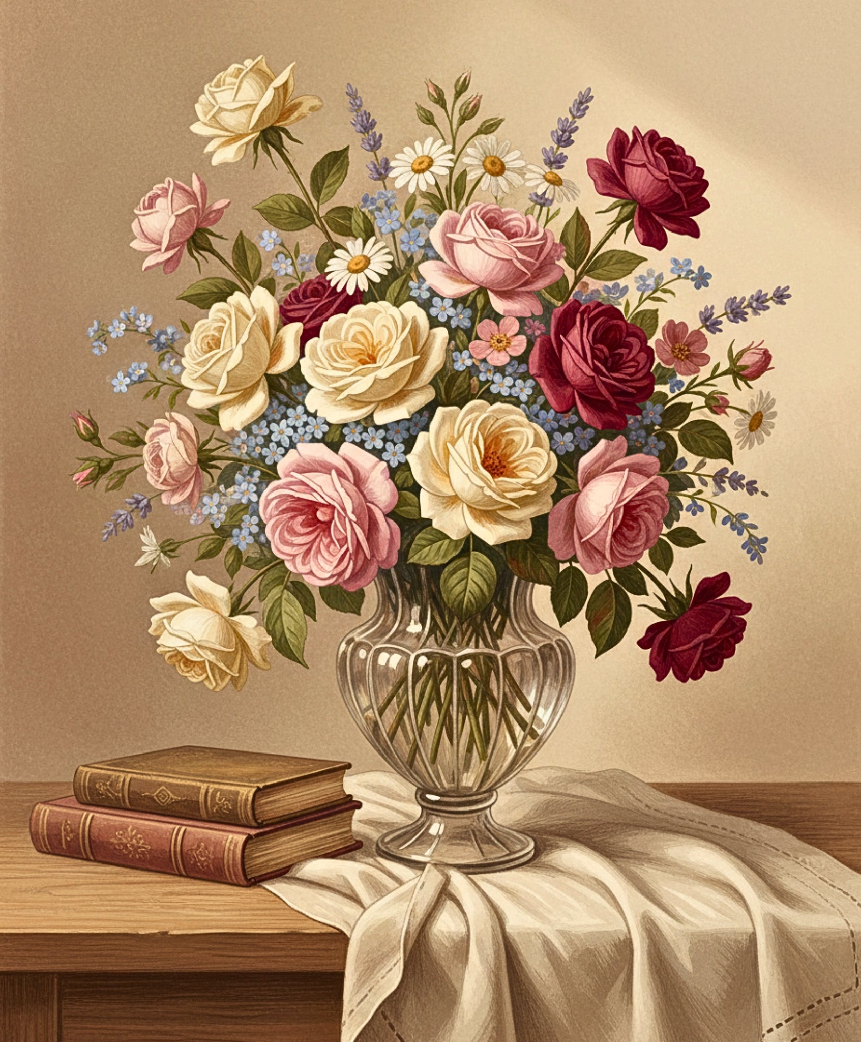 Vase with flowers on a tablecloth against a beige background