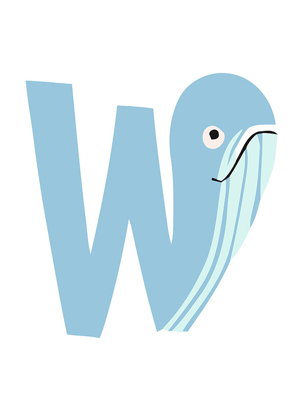 Blue letter 'W' with a whale design on a white background