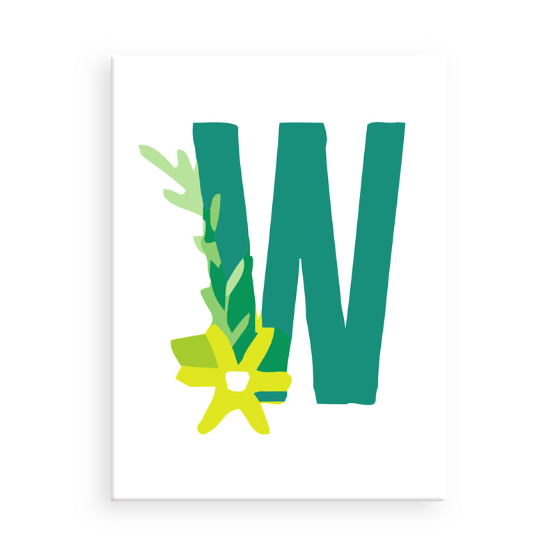 Letter 'W' with floral elements on a white background