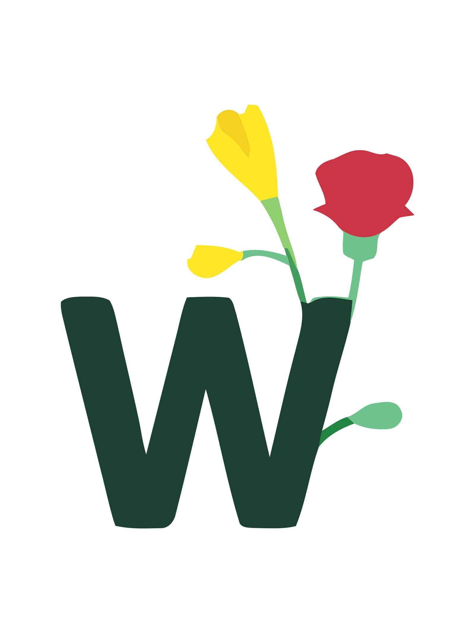 Buchstabe „W“ mit Blumen auf weißem Hintergrund
