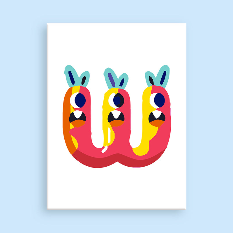 Colorful letter 'W' design on a light blue background