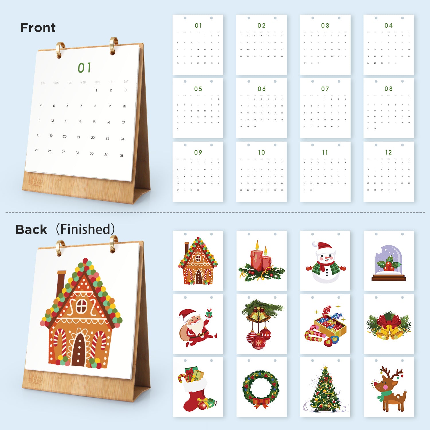 Calendario con diseños anverso y reverso sobre fondo azul claro.