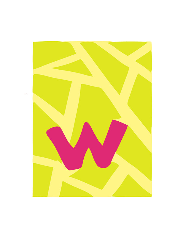 Letter 'W' in pink on a green and yellow patterned background