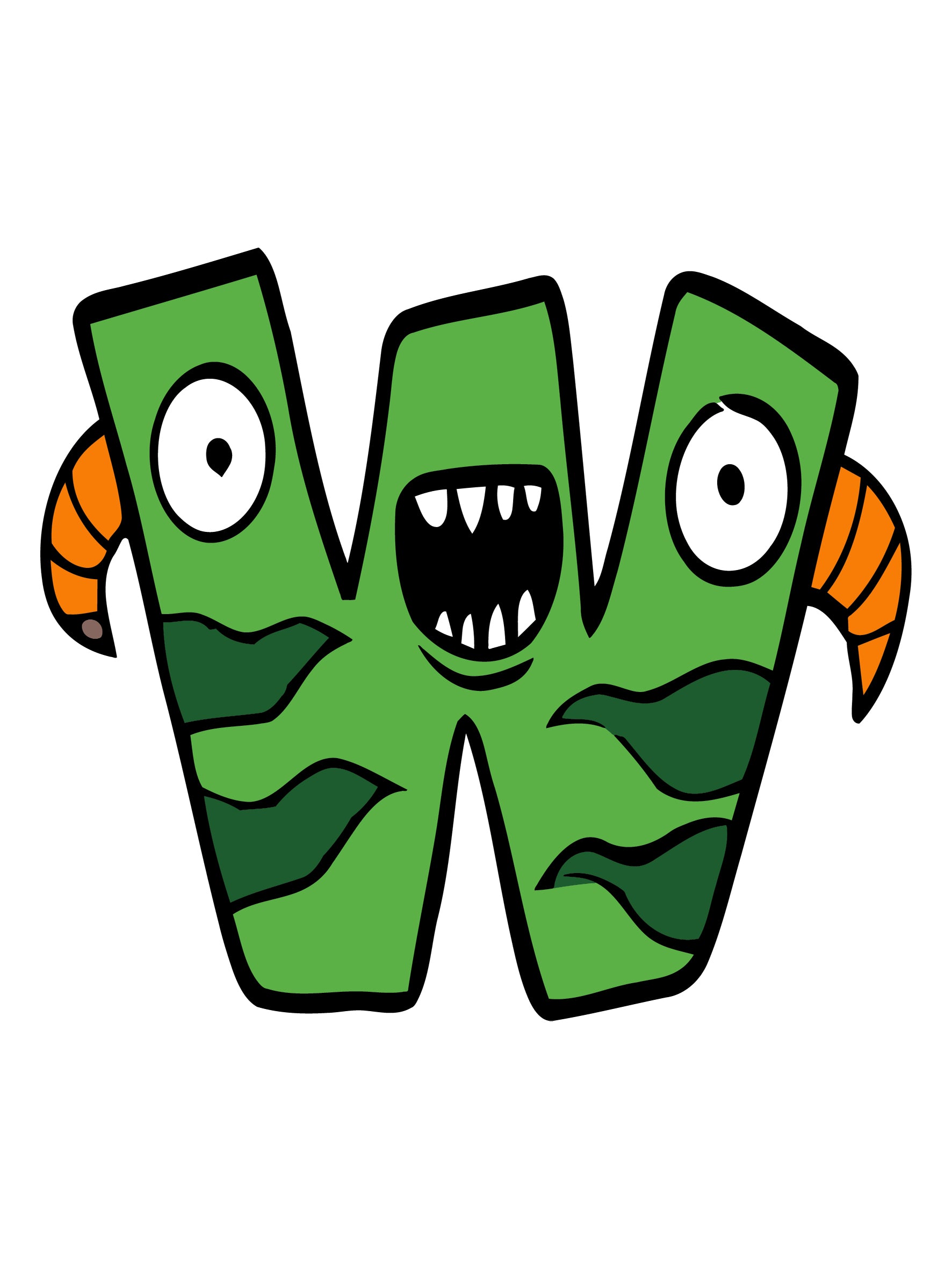 Cartoon letter 'W' with a monster face on a white background