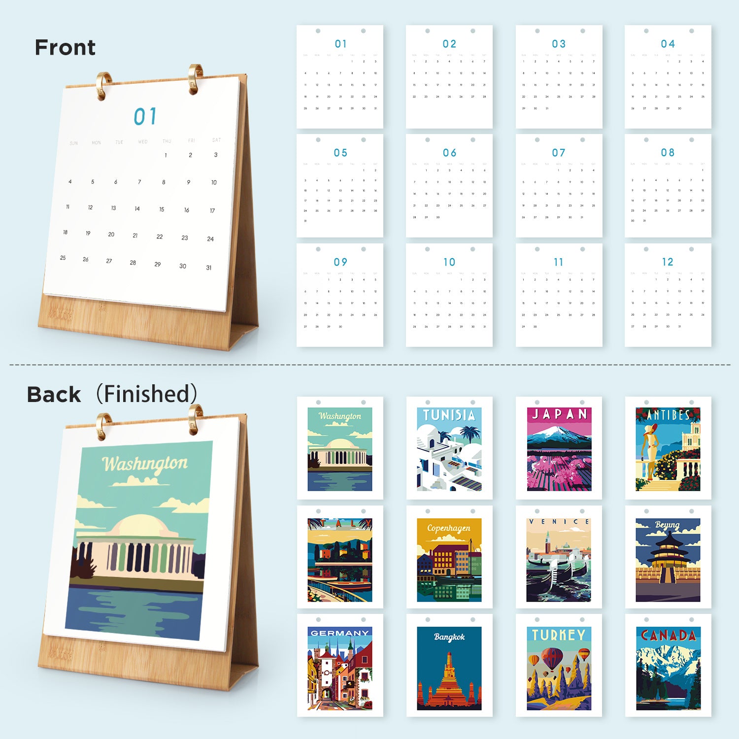 Kalender mit Vorder- und Rückansicht auf hellblauem Hintergrund