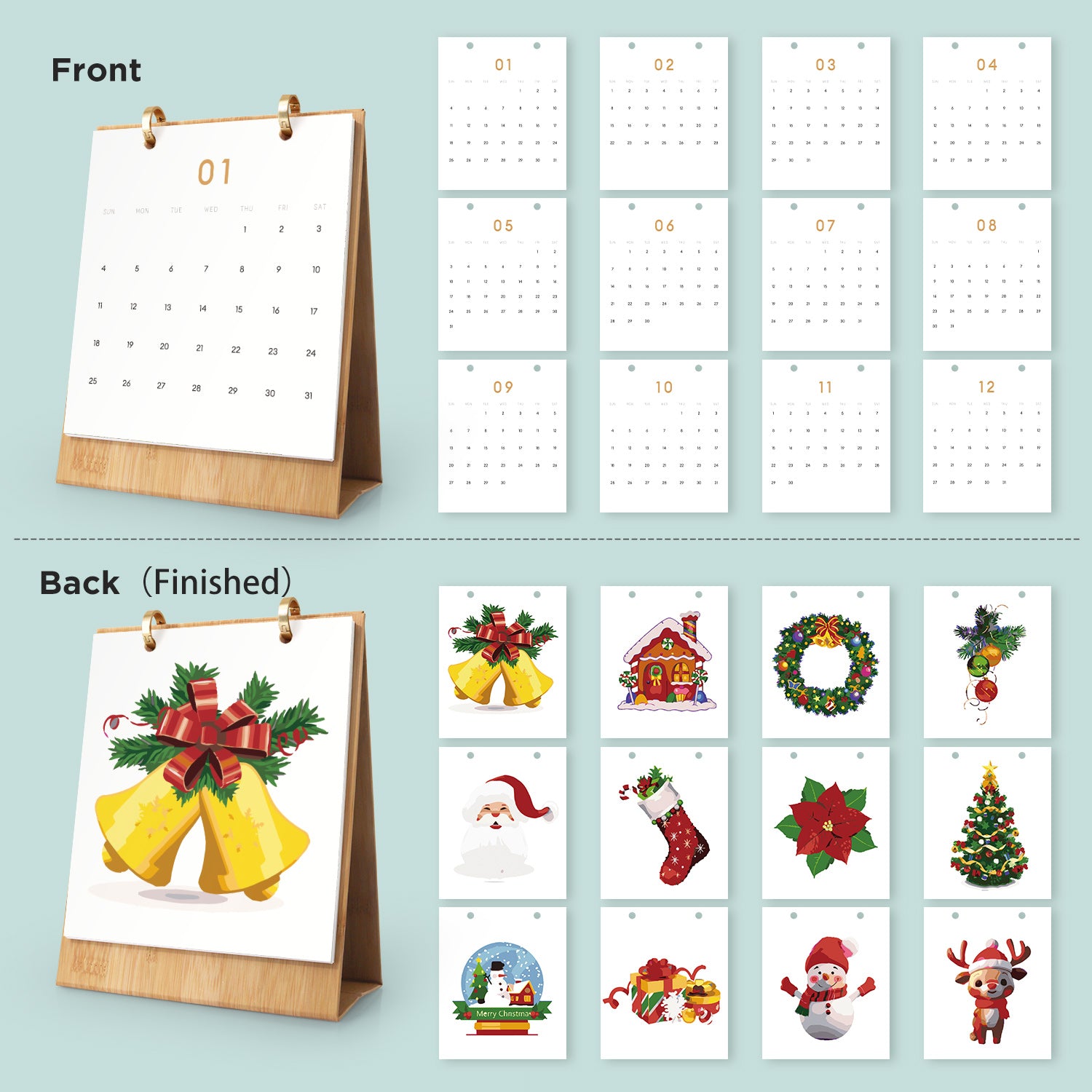 Calendario con diseños de temática navideña sobre fondo azul claro.