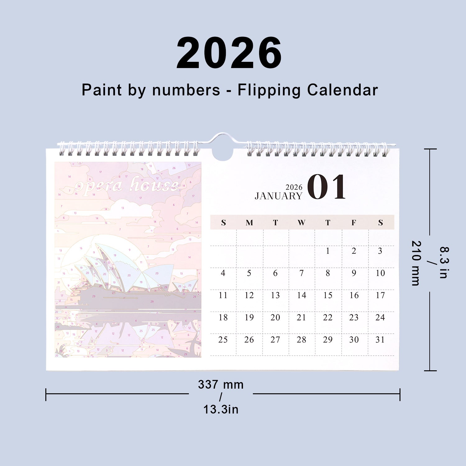2026 Paint by numbers flipping calendar with dimensions on a light blue background