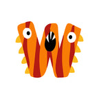 Colorful letter 'W' with eyes and a mouth on a white background