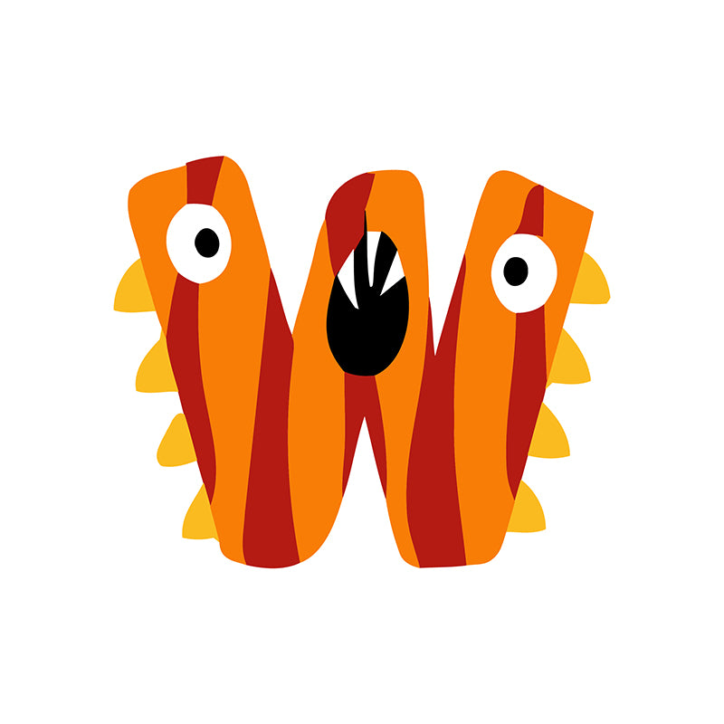 Colorful letter 'W' with eyes and a mouth on a white background