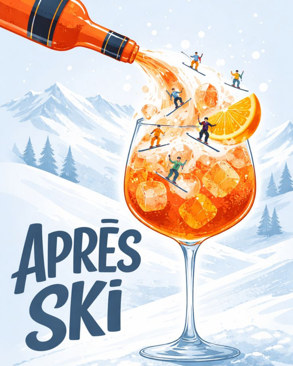 An orange cocktail with miniature skiers, snowy mountains and the words Après Ski.