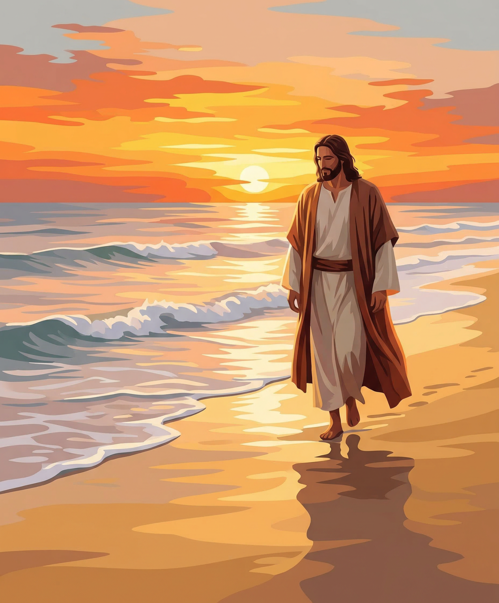 Jesus walking alone on a golden beach at sunset artwork for the Golden Shore Walk paint by numbers kit