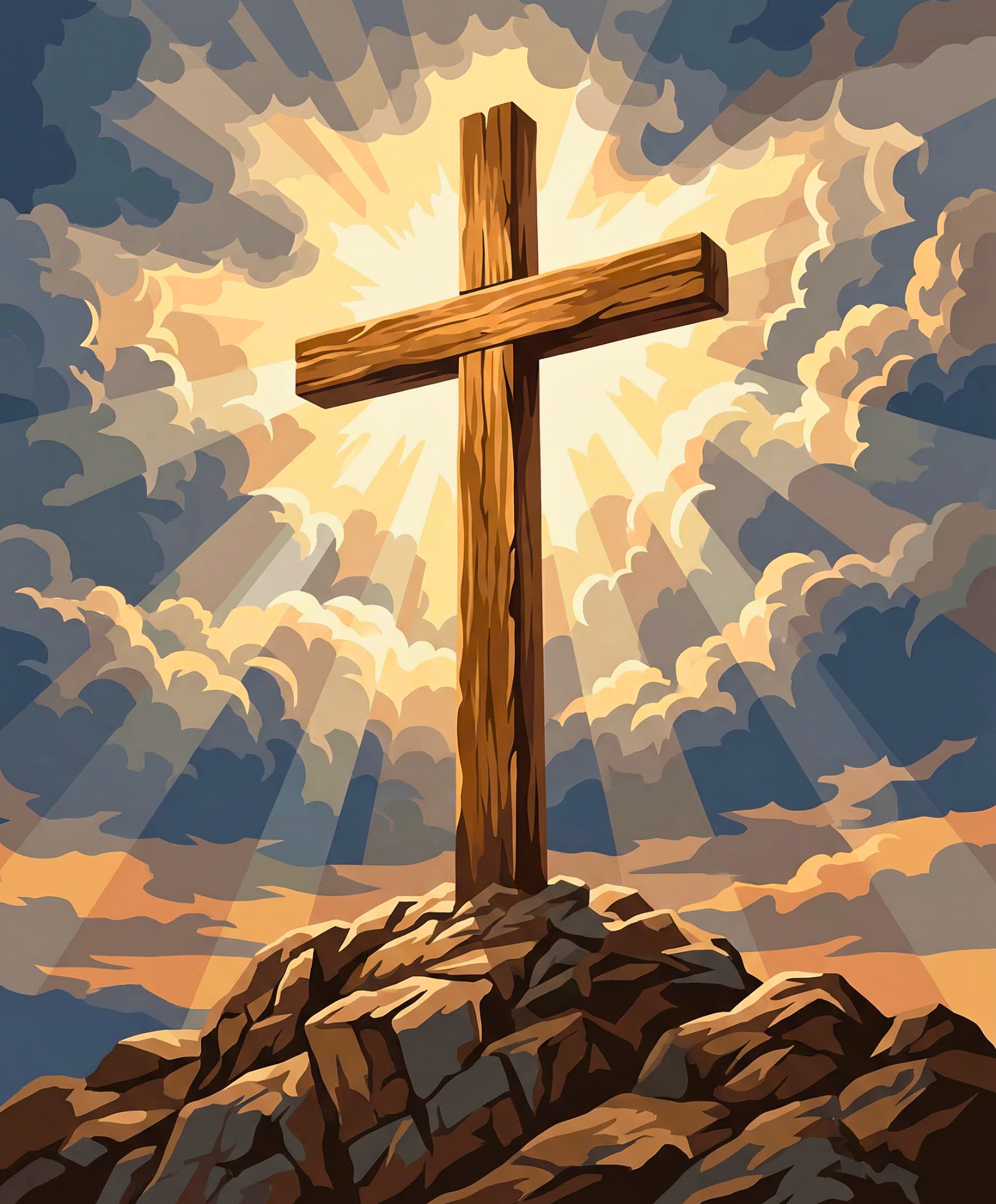 Wooden cross on a rocky hill beneath radiant clouds artwork for the Radiant Cross paint by numbers kit