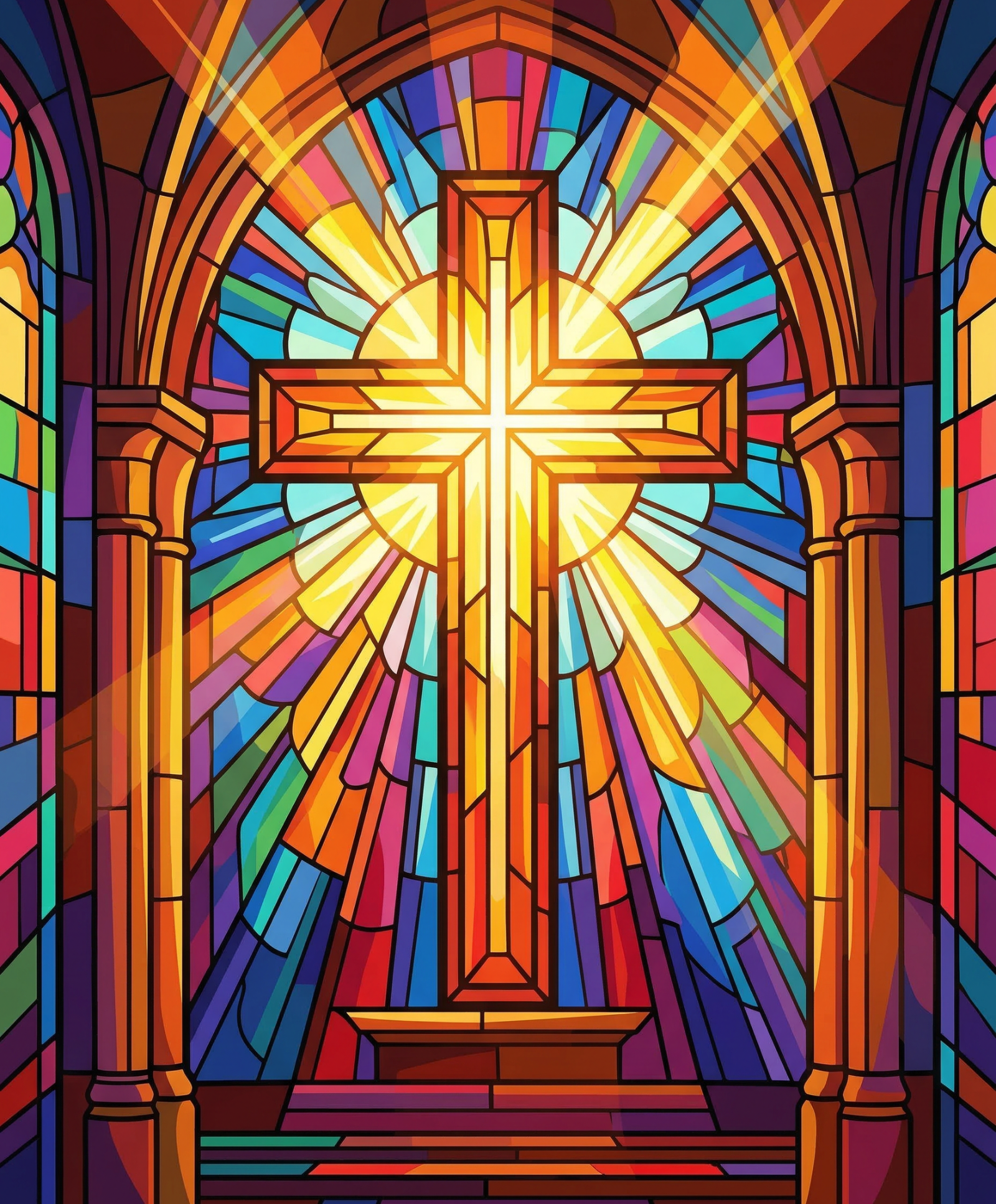 Glowing cross framed by vivid stained-glass panels artwork for the Radiant Glass Cross paint by numbers kit