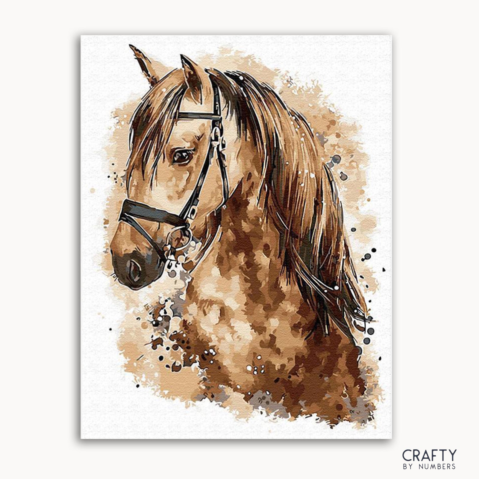 Un kit de peinture représentant un cheval majestueux avec une bride, à dominante de tons marrons avec rehauts de blanc.