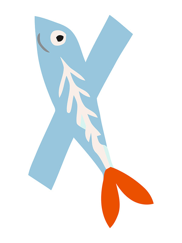 Letter 'X' designed to look like a fish with a blue body, white skeleton, and orange tail on a white background.