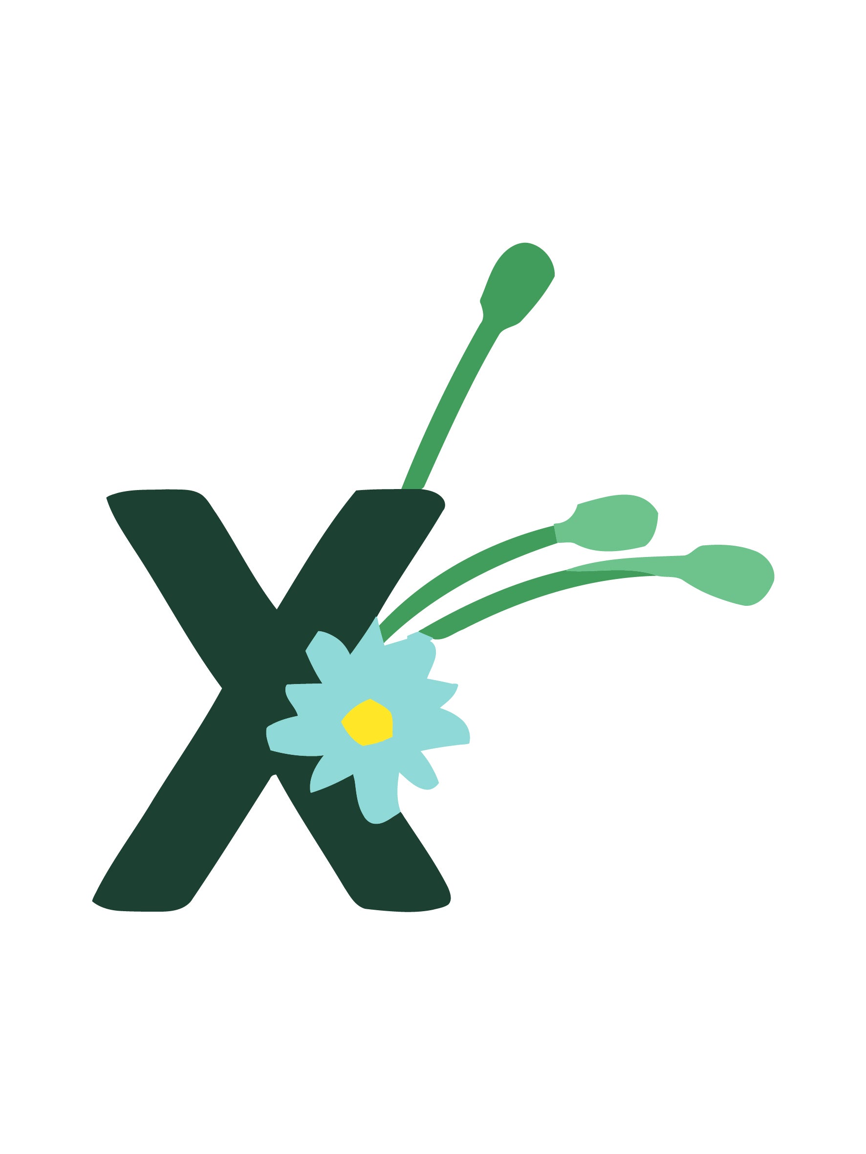 Letter 'X' with a flower and green shoots on a white background