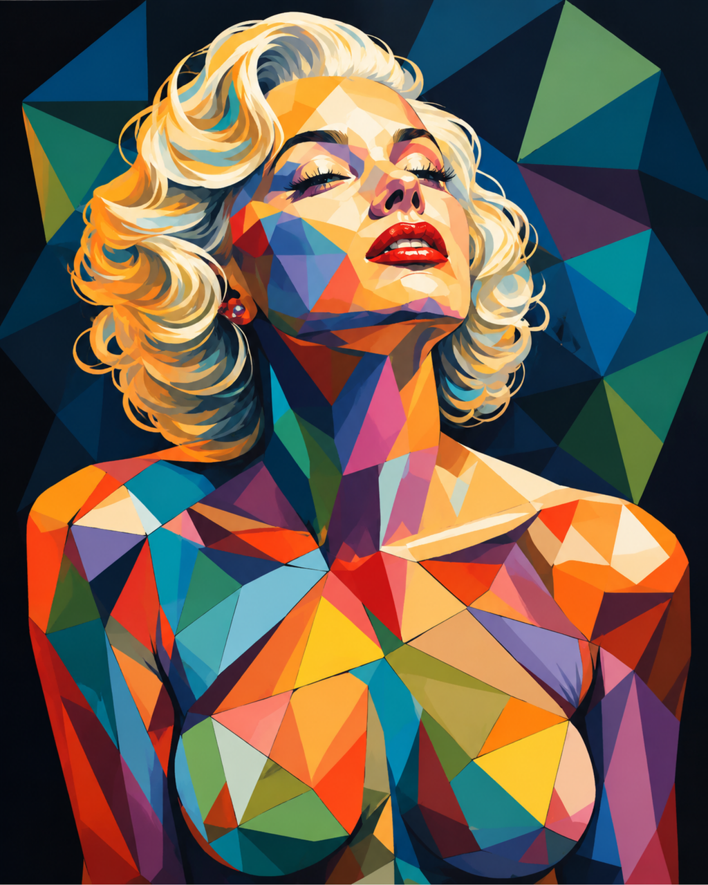 A blonde woman's bare upper body depicted in bright geometric shapes against a dark background.