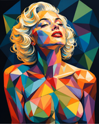 A blonde woman's bare upper body depicted in bright geometric shapes against a dark background.